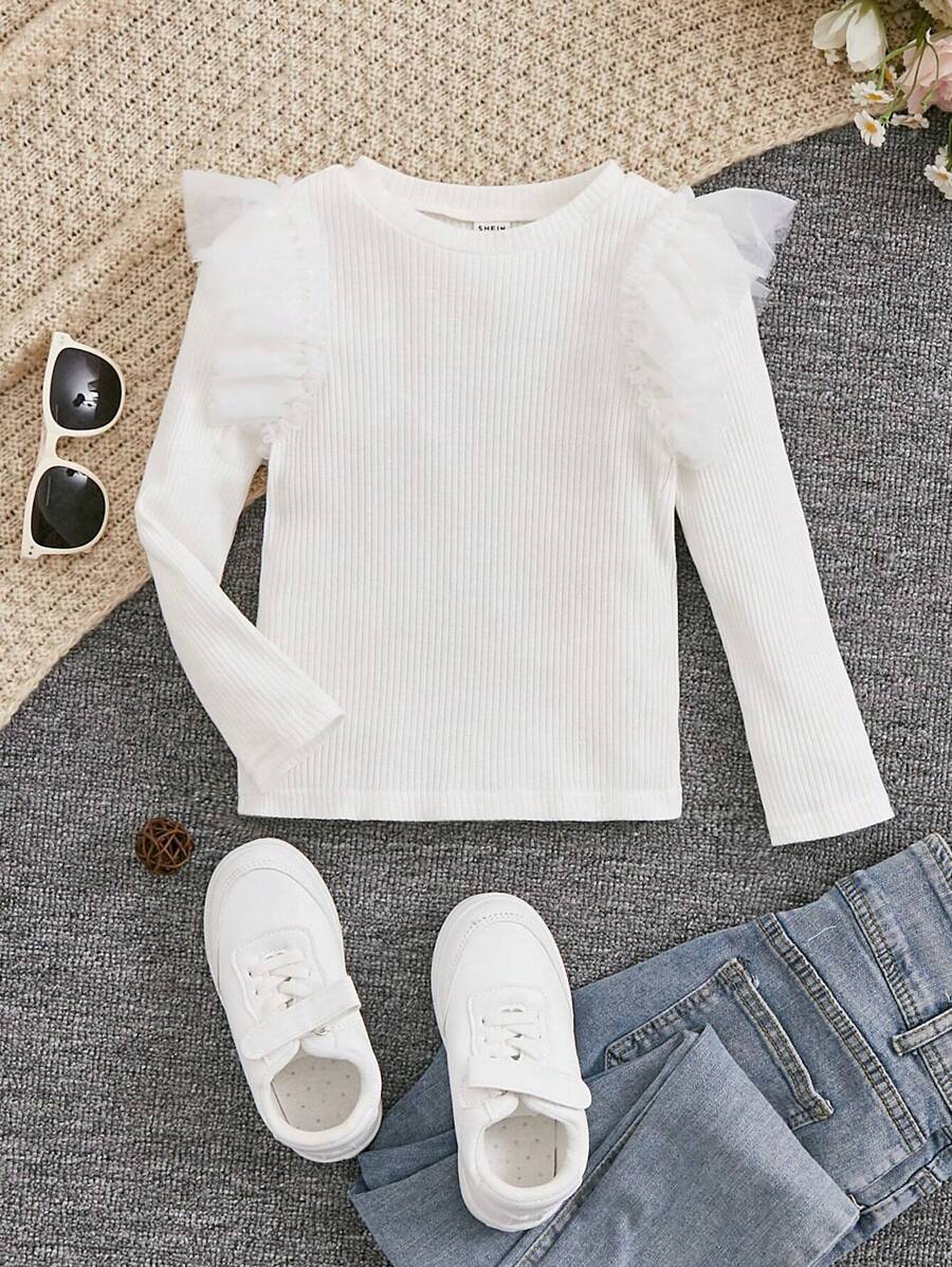 SHEIN Young Girl Contrast Mesh Ruffle Trim Ribbed Knit Tee