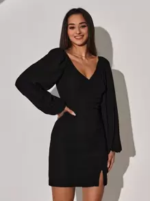 EURMUSE Surplice Neck Lantern Sleeve Split Hem Fitted Dress - Black - View 5