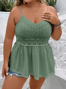 Breezaya Plus Eyelet Embroidery Peplum Summer Boho Cami Top - Green - View 6