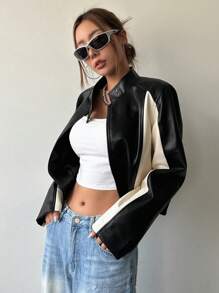 DAZY 兩色調拉鍊短款拼接立體塑形上衣 - 黑與白 - 查看 2