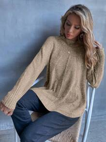 SHEIN LUNE 插肩袖开衩下摆针织套头衫秋冬毛衣 - 卡其色 - 查看 6