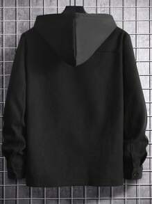 Manfinity Homme 男士1入組翻蓋口袋抽繩連帽花呢外套 - 黑色 - 查看 3