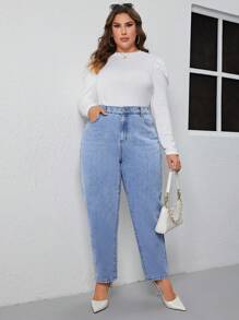 SHEIN Frenchy 大碼高腰媽媽牛仔褲 - 淺色水洗藍 - 查看 6