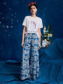 FURNANDA Frida Kahlo X SHEIN X Designer In hoa Quần ống rộng - Xanh và trắng - Xem 3