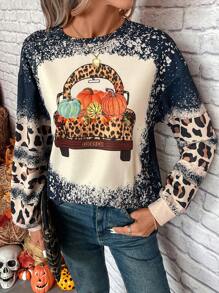 SHEIN LUNE 豹紋&南瓜圖案落肩袖運動衫 - 彩色 - 查看 1