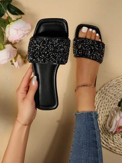 Women's Flat Sandals In Large Sizes, Summer Beach Slippers With Rhinestone Decoration