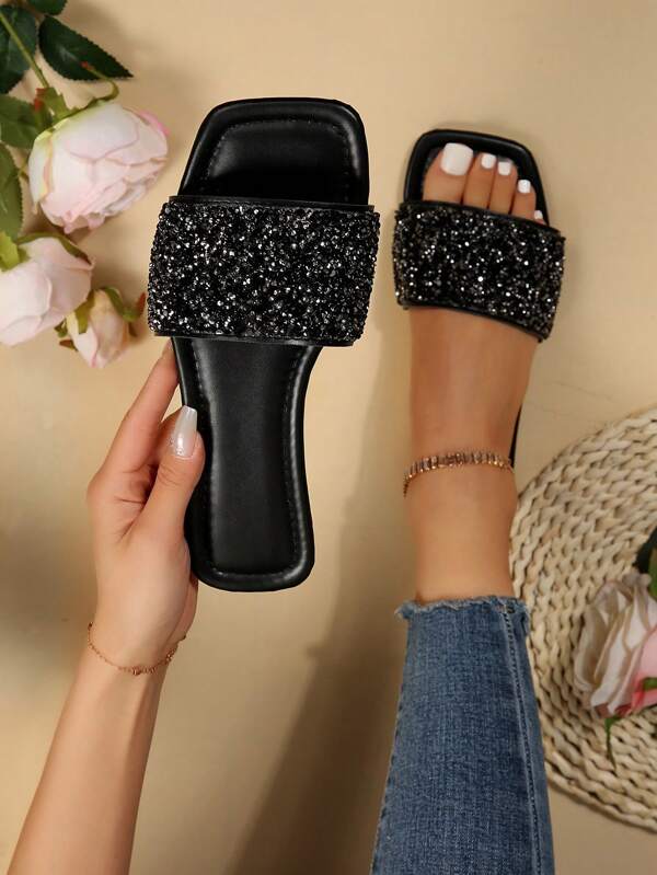 Women's Flat Sandals In Large Sizes, Summer Beach Slippers With Rhinestone Decoration
