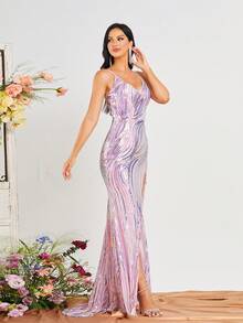 Missord Vestido de fiesta de tirantes de muslo con abertura con lentejuelas