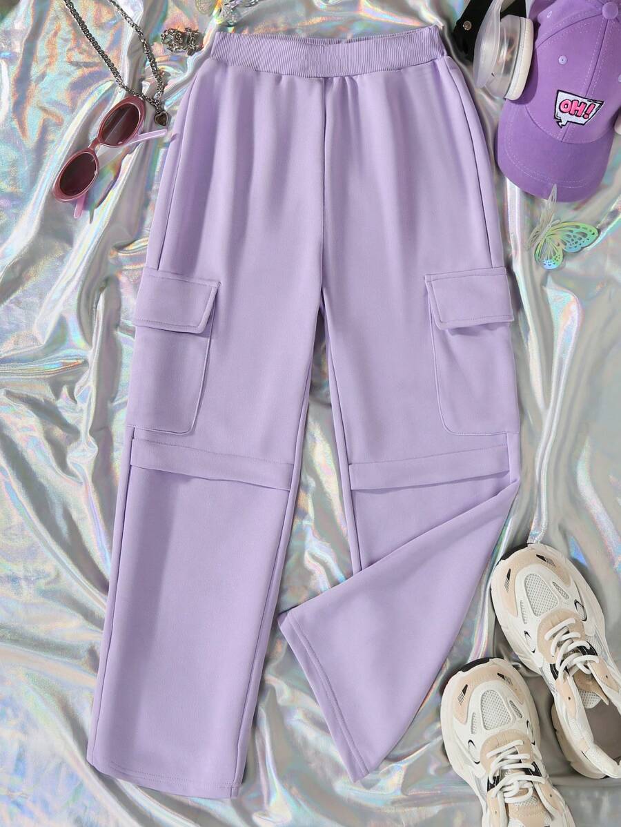 SHEIN Tween Girl Flap Pocket Side Cargo Pants - Mauve Purple - View 1