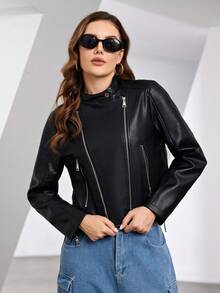 Zip Up PU Leather Moto Jacket - Black - View 7