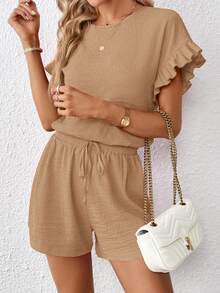 SHEIN Essnce 荷葉袖上衣和腰部打結短褲 - 卡其色 - 查看 4