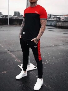 Manfinity Homme Men Letter Graphic Colourblock Tee & Drawstring Waist Joggers - Black - View 1