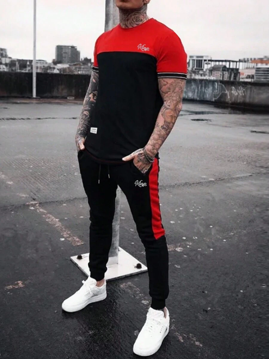 Manfinity Homme Men Letter Graphic Colourblock Tee & Drawstring Waist Joggers - Black - View 1