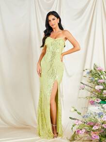 Missord One Shoulder Split Thigh Sequin Party Dress - Mint Green - View 3