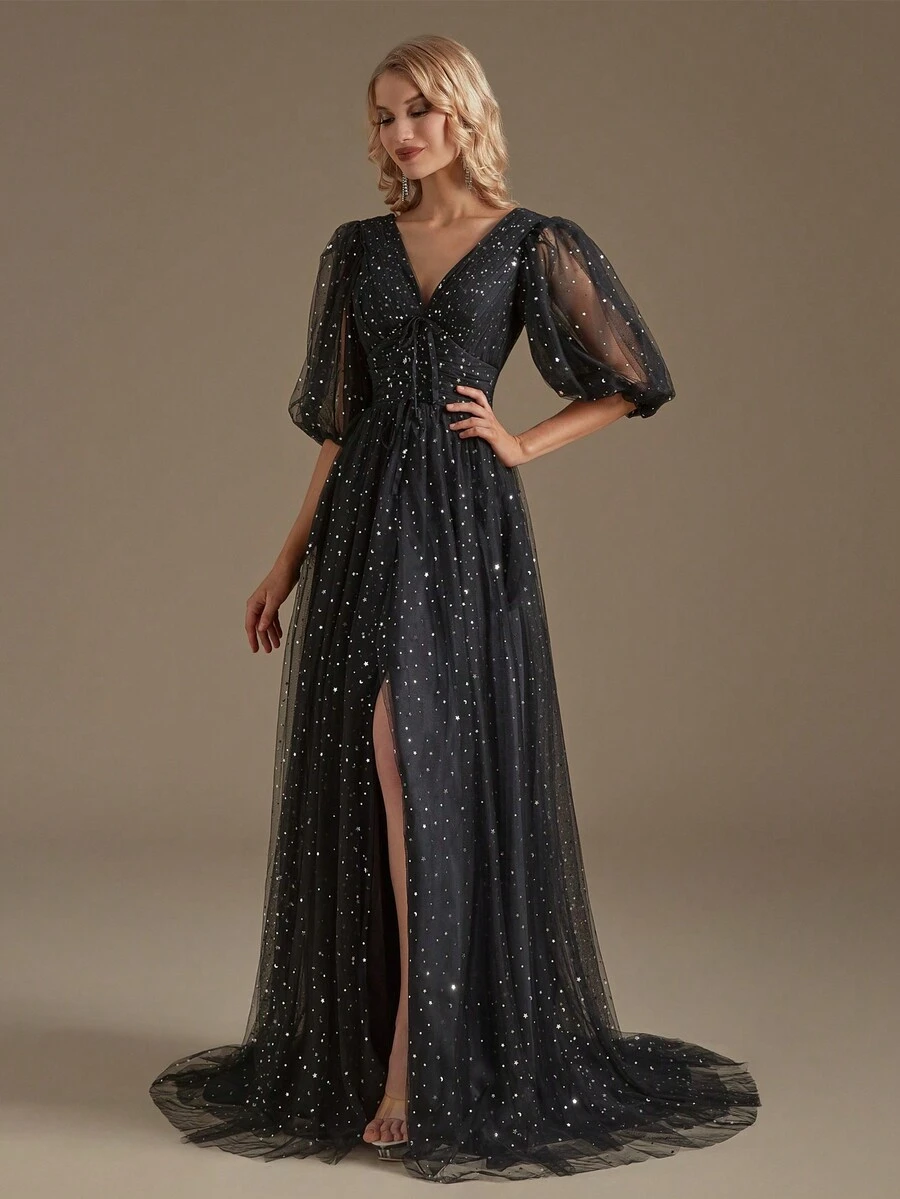 Lantern Sleeve Split Thigh Mesh Formal Dress - Black - View 1