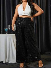 SHEIN Clasi Plus Sequin Wide Leg Pants For Holiday Party Clothes Fall Cloth For Women - Black - View 7