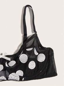 Polka Dot Mesh Underwire Garter Lingerie Set - Black and White - View 5