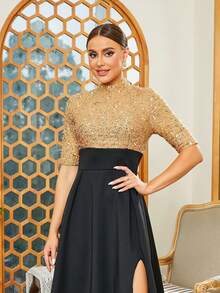 Missord Contrast Sequin Split Thigh Party Dress - Black - View 5