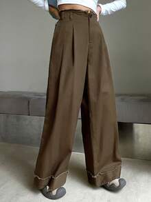 DAZY 毛邊緣闊腿褲 - 棕色 - 查看 5