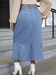 SHEIN Privé 大碼紐扣門襟荷葉邊牛仔半身裙 - 藍色 - 查看 3