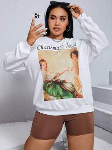 SHEIN EZwear Plus Figure & Slogan Graphic Drop Shoulder Sweatshirt - White - View 1