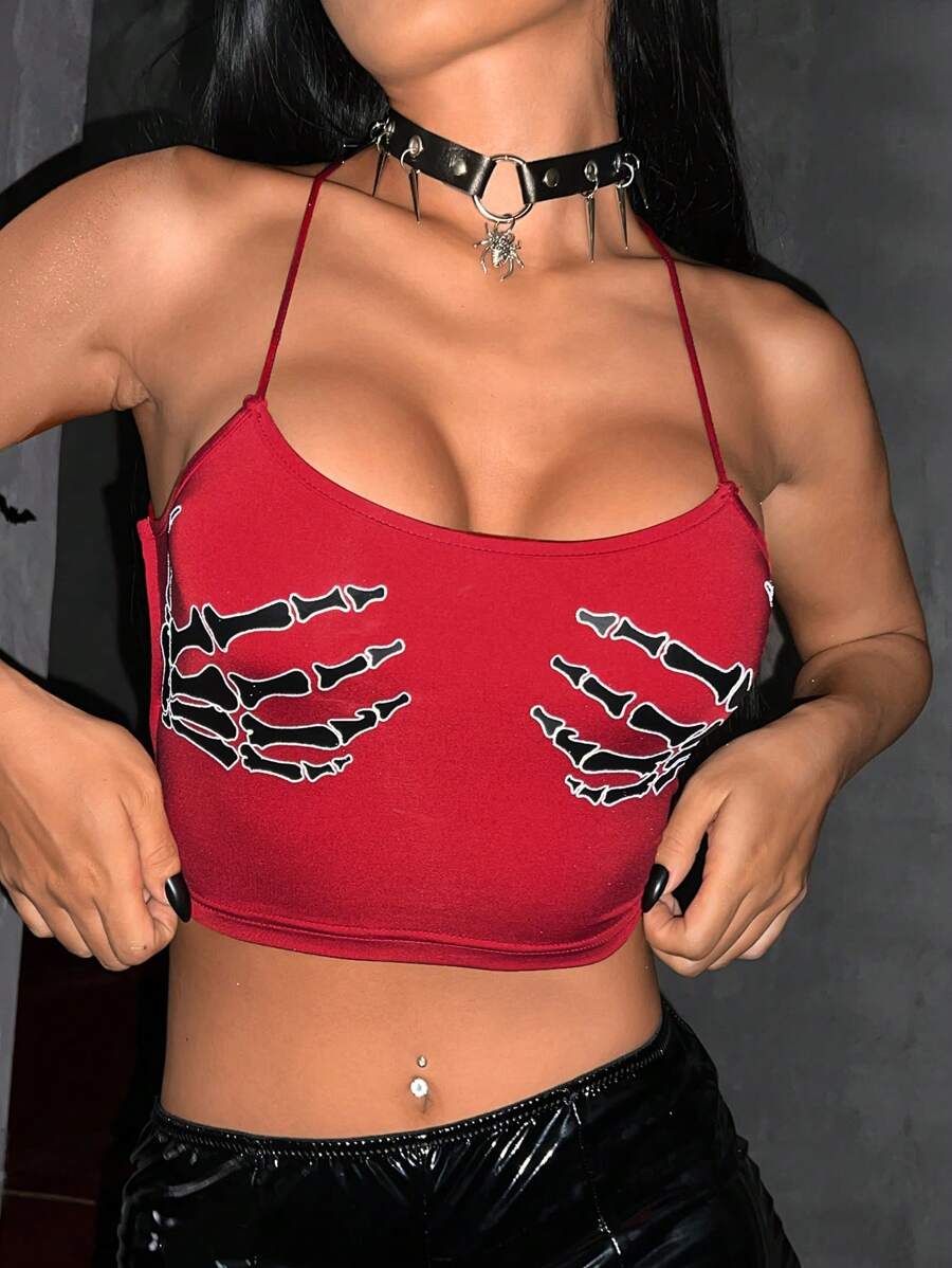 SHEIN ICON Halloween Skeleton Hand Print Lace Up Backless Crop Cami Top - Red - View 1