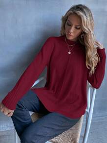 SHEIN LUNE Mock Neck Raglan Sleeve Split Hem Sweater For New Year,Long Sleeve Tops Knit Pullover Fall Winter Sweater - Red - View 6