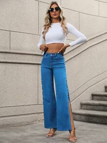 SHEIN Essnce Quần jean nữ Túi Dây kéo Nút màu trơn - Màu xanh lam - Xem 6