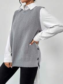 SHEIN Essnce Chất rắn Bên cạnh nút Áo len vest Không có áo lót - Xám - Xem 7