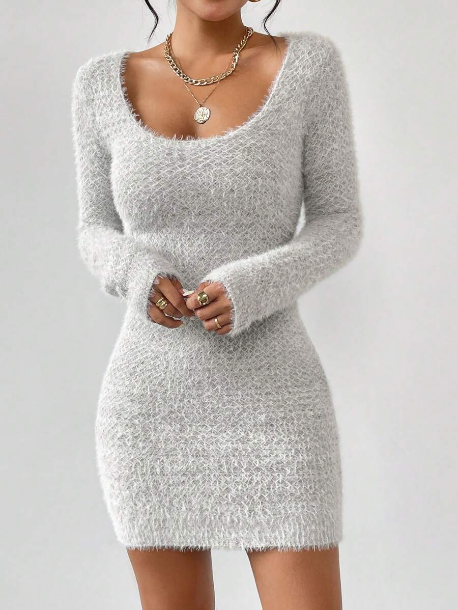 Chiquease Scoop Neck Fuzzy Sweater Dress - Grey - View 1