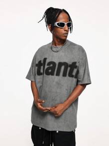 INFLATION Men Letter Graphic Drop Shoulder Tee, Emo, Fall - Dark Grey - View 3