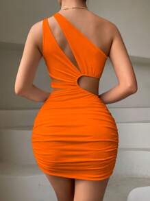 SHEIN Allurite 鏤空單肩褶邊緊身洋裝 - 亮橙色 - 查看 2