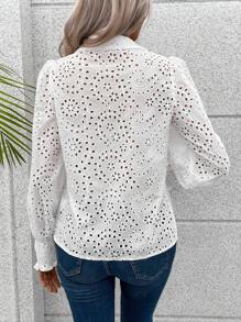 Calvaya Eyelet Embroidery Flare Sleeve Shirt Fall Cloth For Women - White - View 2