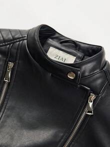 Zip Up PU Leather Moto Jacket - Black - View 5