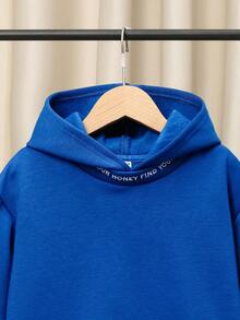 SHEIN Áo nỉ giữ nhiệt có lót, vai rớt, in hình khẩu hiệu dành cho bé trai tuổi teen. - Màu xanh lam - Xem 3