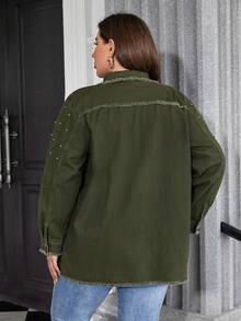 SHEIN Privé Hơn Chi tiết đáng kinh ngạc Cắt Thô Thả vai Áo khoác denim - xanh quân đội - Xem 2