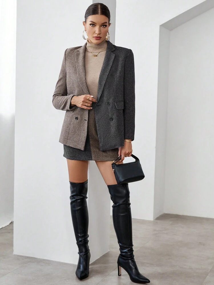 Houndstooth Print Double Breasted Blazer & Skirt