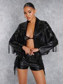 SHEIN BAE Viền rìa chất liệu da PU Áo khoác - màu đen - Xem 5