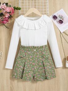 SHEIN Tween Girl Ruffle Trim Tee & Ditsy Floral Print Fold Pleated Shorts - Multicolor - View 4