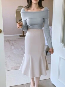 DAZY Solid Square Neck Ribbed Knit Sweater - Dusty Blue - View 6