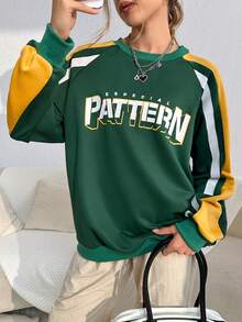SHEIN Unity Đồ họa Chữ cái Tương phản Đường may bên Tay Raglan Áo nỉ - Nhiều màu - Xem 4