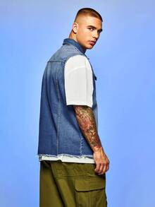 Manfinity Hypemode Men 1pc Flap Pocket Denim Vest Jacket - Medium Wash - View 2