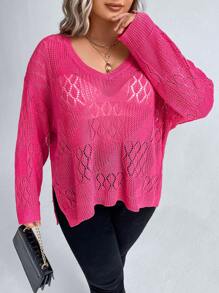 SHEIN LUNE Plus Pointelle Knit Drop Shoulder Split Hem Sweater Without Bra Knit Pullover Fall Winter Sweater - Hot Pink - View 1