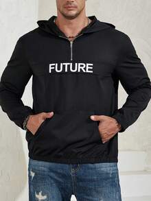 Manfinity Homme Men Plus Letter Graphic Half Zip Hooded Jacket - Black - View 4