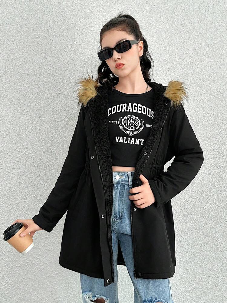 Teen Girl Slogan Graphic Fuzzy Trim Hooded Elastic Waist Thermal Lined Coat
