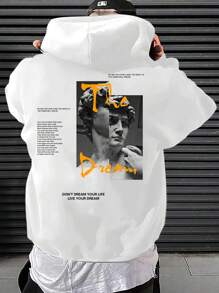 Manfinity Hombre Suéter Con Capucha Con Cordón Suelto Y Gráfico De Lema Y Figura - Blanco - Ver 1