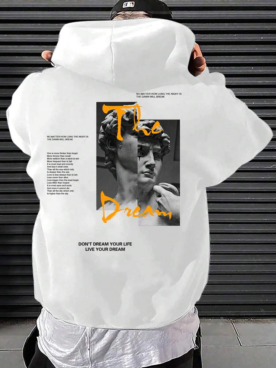 Manfinity Hombre Suéter Con Capucha Con Cordón Suelto Y Gráfico De Lema Y Figura - Blanco - Ver 1