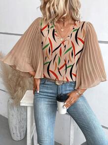 SHEIN Clasi Graphic Print Pleated Trumpet Sleeve Blouse - Apricot - View 6
