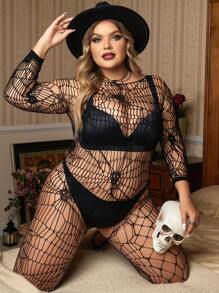 大碼萬聖節鏤空漁網連身襪不附帶內衣褲套裝 - 黑色 - 查看 5