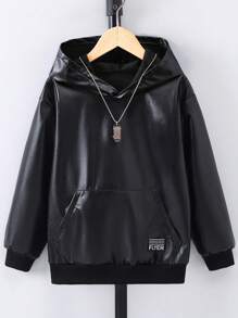 SHEIN Cậu bé Tween Thư được vá Túi kangaroo áo có mũ Da giả - màu đen - Xem 1